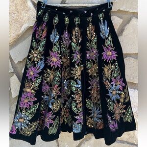 Vintage Holiday Velvet Velveteen Skirt Small Circular Embossed Designs Sequins